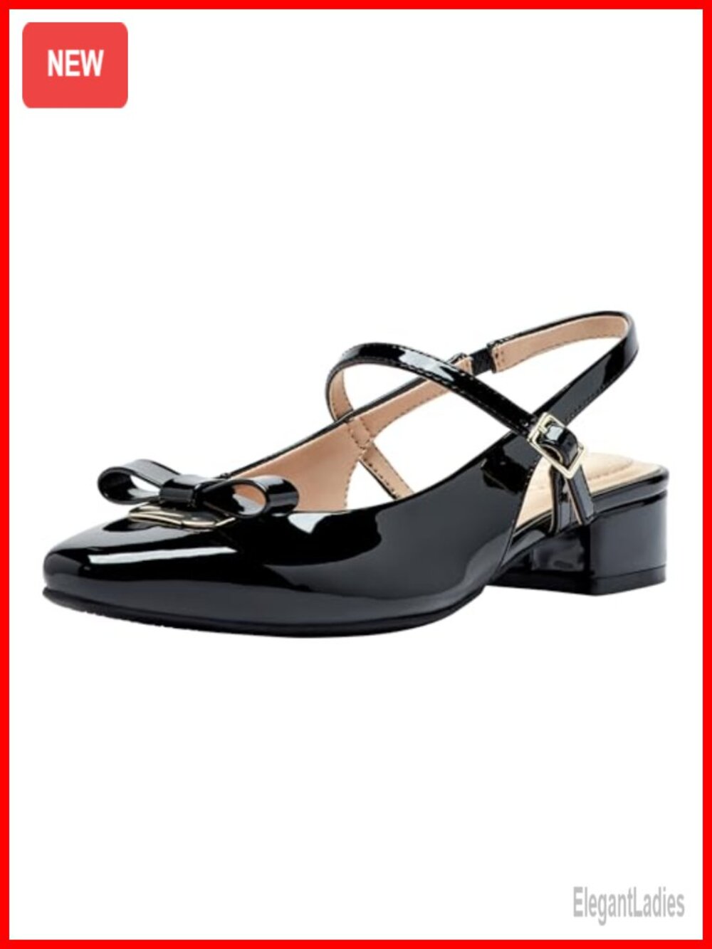 Faux Patent Leather Slingback Block Heel Pumps Square Toe Bow Detailing
